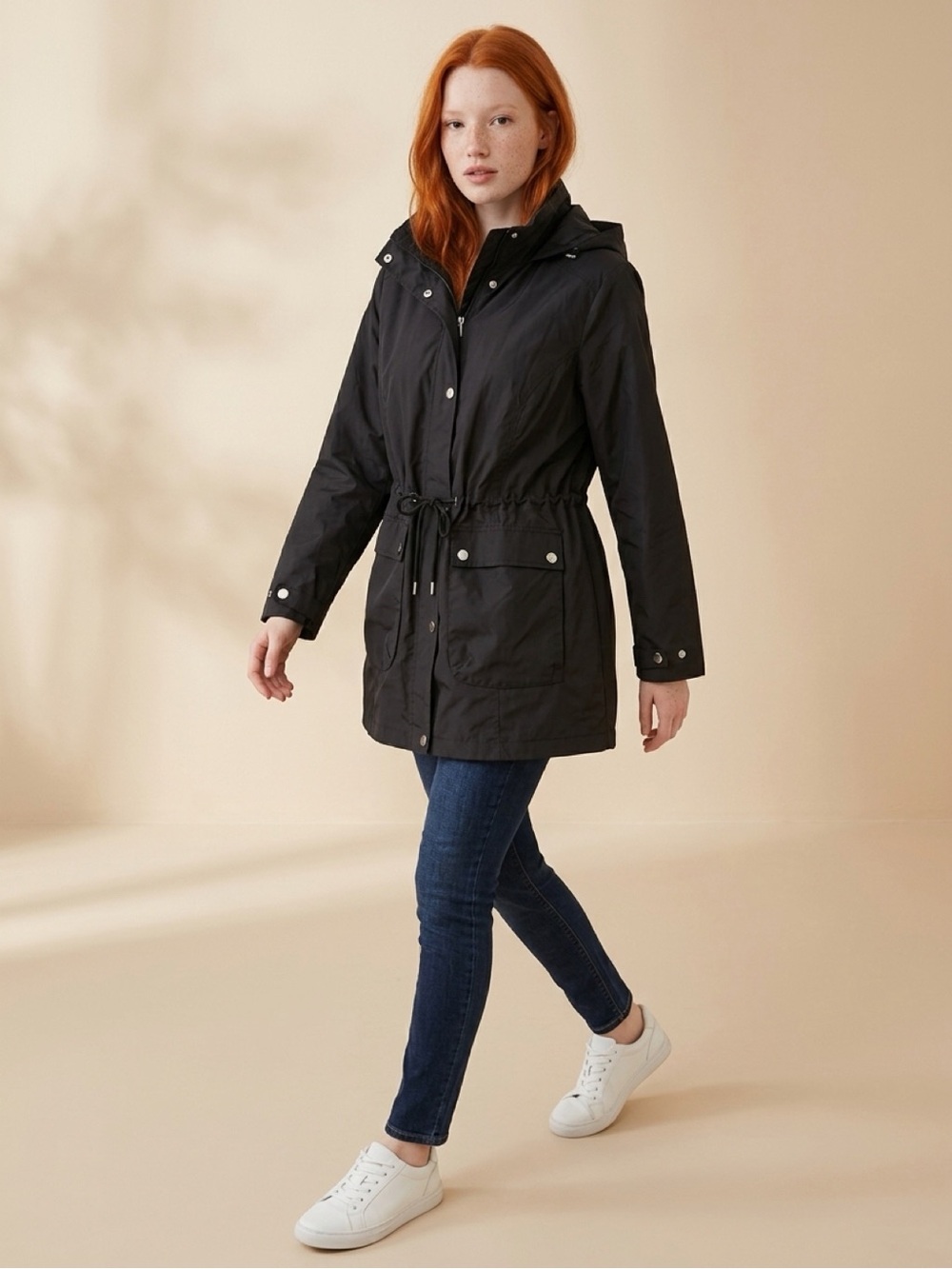 Lightweight Black Hooded Utility Jacket with Cinch Waist